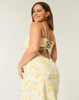 Vestido midi com costas abertas em mistura de linho