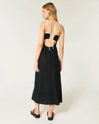 Vestido midi com costas abertas em mistura de linho