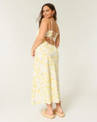 Vestido midi com costas abertas em mistura de linho